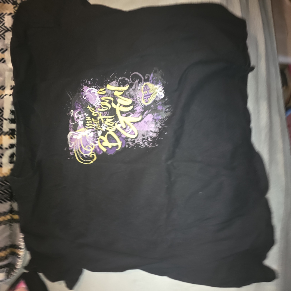 Black Graphic T-Shirt with Purple and Yellow Design